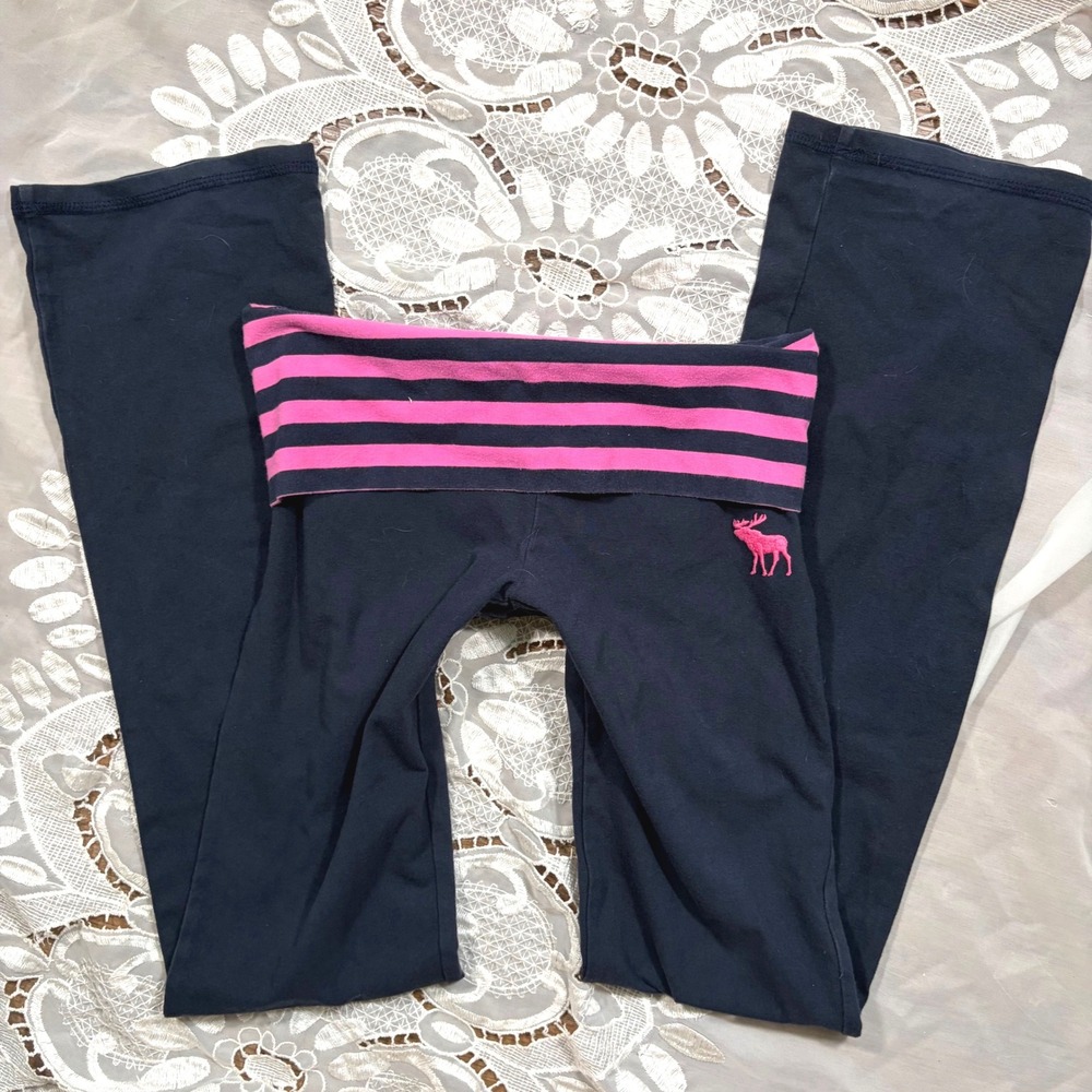 Y2K RARE Abercrombie Navy Blue Pink Stripe Foldover Waist Flare Yoga Pants xxs